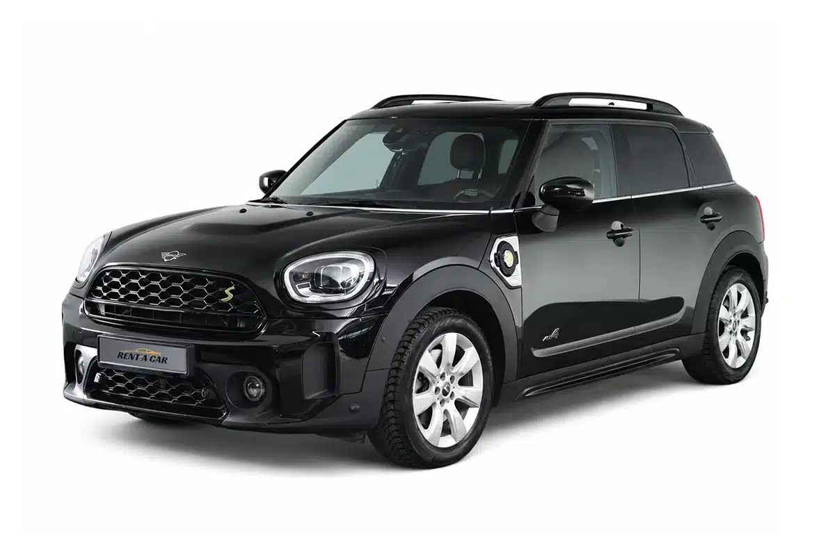 Mini_Countryman - Rent A Car Igoumenitsa Black Mini Countryman SUV parked, promotional rental car with “Rent A Car” plate visible on the front bumper.